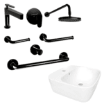 Paquete Obsidiana Santorini Monomandos + Regadera + Accesorios y Lavabo Helvex OB-SANTORINI1